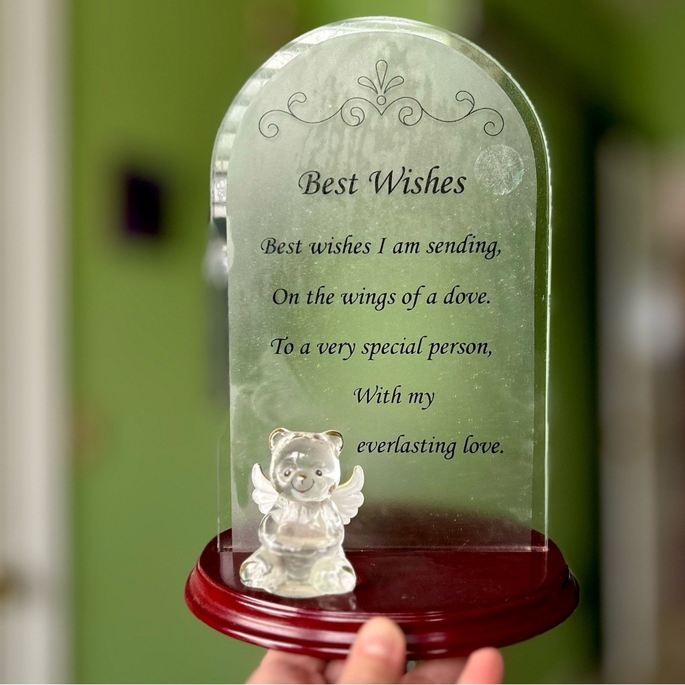Vintage Passing Angel Bear Message Glass + Wood Best Wishes Figurine Art Decor
